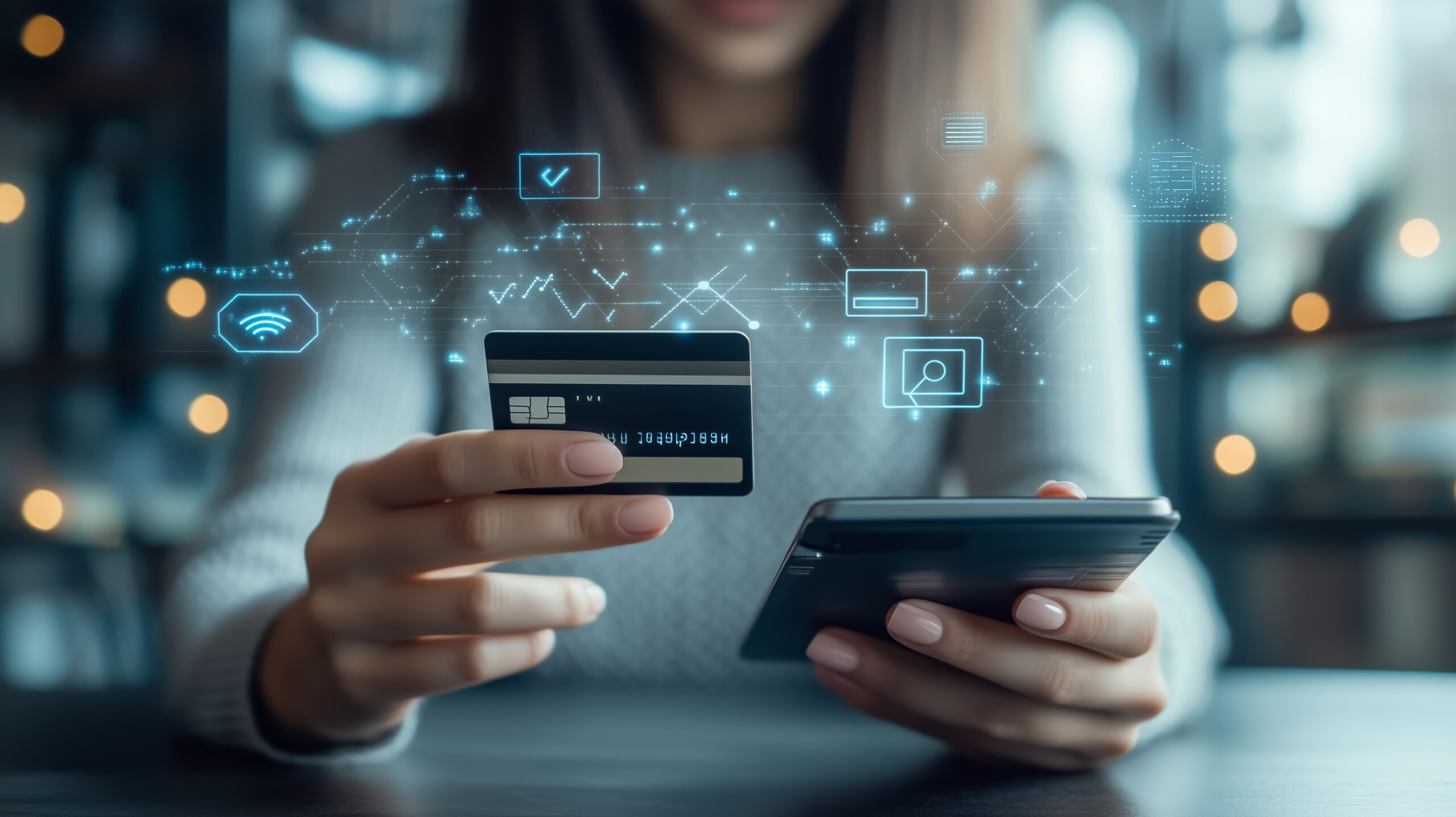 Osoba trzymająca kartę płatniczą i smartfona – płatność online Stripe