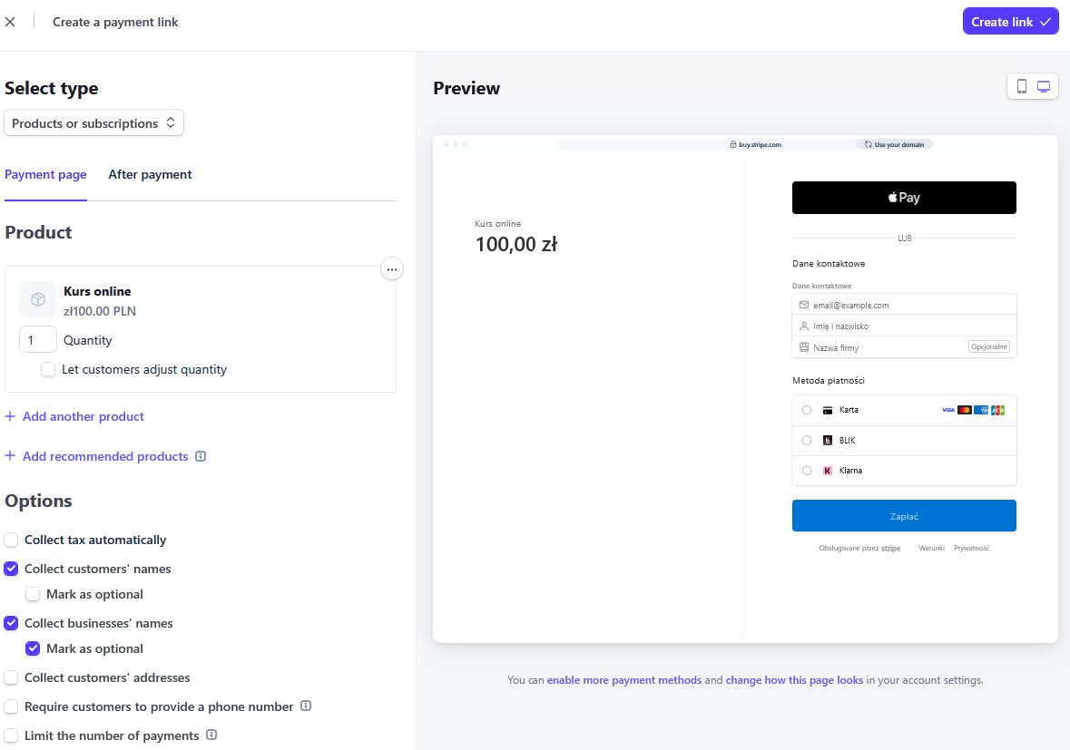 tworzenie payment link w Stripe