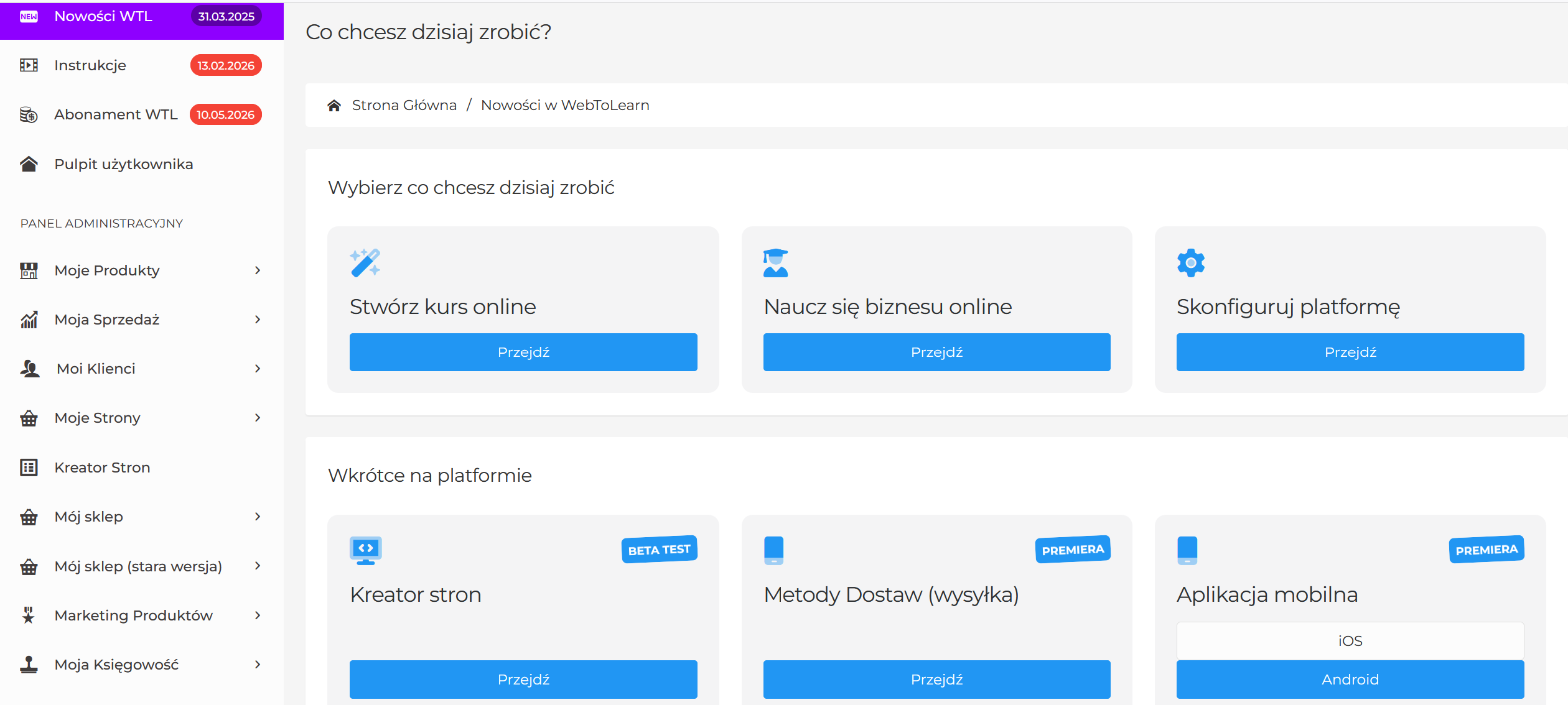 automatyzacja sprzedaży produktów cyfrowych – platforma kursowa webtolearn panel użytkownika